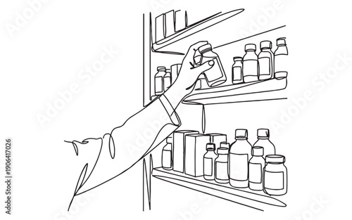 Pharmacy service theme showing a male pharmacist organizing medicine bottles on shelves in continuous line drawing style.