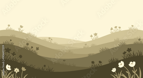 Serene Landscape with Rolling Hills and Flowers.