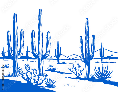 Desert landscape illustration, vintage saguaro cactus, prickly pear, western graphic design, blue woodcut art print, arid scene, botanical artwork, wild west decor