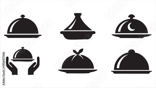 Islamic Food Service Icon Set Featuring Restaurant Cloche Tajine and Serving Platter Silhouettes with Crescent Moon for Ramadan Catering and Dining.