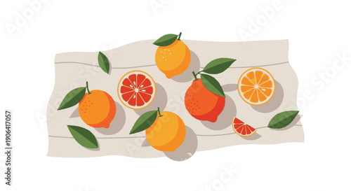 Citrus Fruits and Leaves on White.