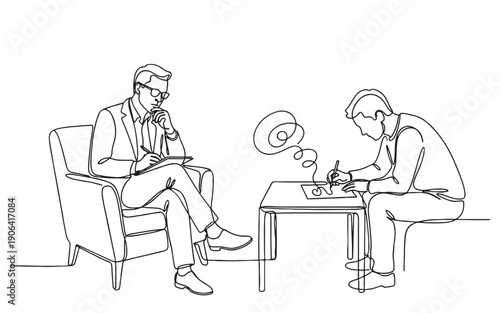 Mental health counseling theme showing a therapist observing a patient untangling confused thoughts in continuous line drawing style.