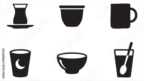 Middle Eastern Tea and Coffee Cup Icon Set Featuring Traditional Cawa Glass Mug and Bowl Silhouettes for Ramadan Hospitality and Suhoor.