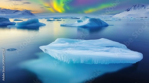 Dreamy aurora borealis illuminating icy lake icebergs cracked ice distant mountains soft
