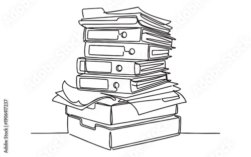 Heavy workload theme depicting a tall messy stack of binders and documents in continuous line art style.