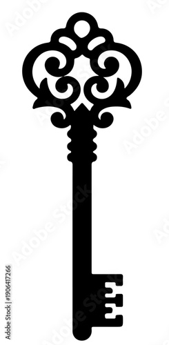 Vintage Ornate Skeleton Key Black Silhouette Icon Vector Illustration