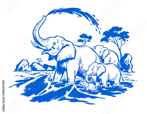 Elephant family washing, mother elephant spraying water, vintage woodcut illustration, ink drawing, African wildlife, savanna river scene, blue monochrome, detailed sketch, nature, jungle