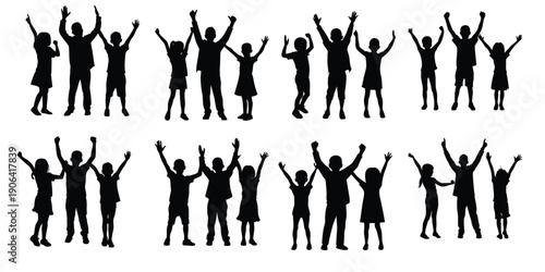many silhouette kids with arms raised in various poses