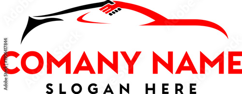 A sleek stylized logo depicts a speeding car silhouette with company branding and a tagline