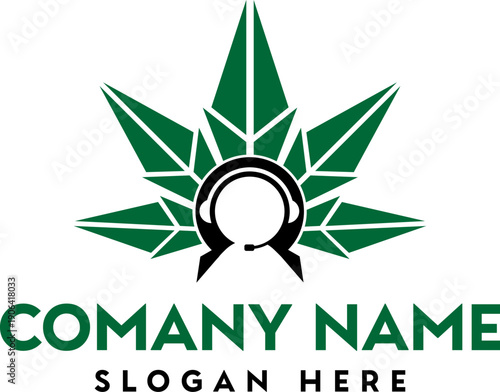 A geometric green cannabis leaf logo features a central circle with headphones alongside company branding