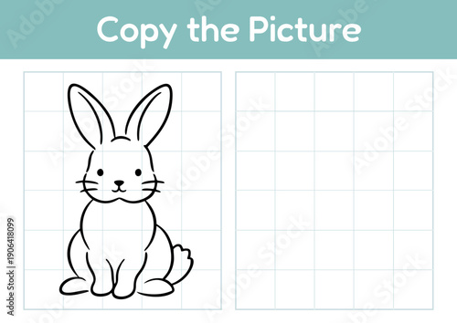 Cute bunny illustration for copying with grid layout background  