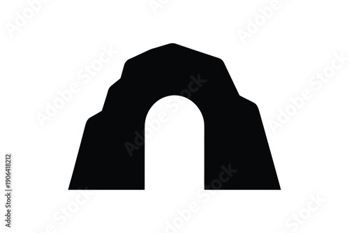Minimalist mountain cave entrance silhouette showing rock archway passage for underground exploration concepts