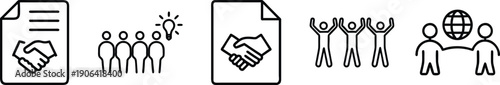 Business partnership and team icons: Handshake on contract, lightbulb idea, people with arms raised, and global connection. transparent background