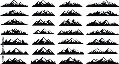 Collection of twenty different black mountain silhouettes on white background.
