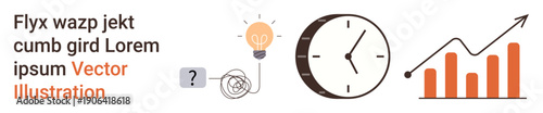Business strategy, time management, problem solving, innovation, productivity growth, data analysis. Lightbulb, clock upward graph with arrow and tangled line solution. Business strategy and time