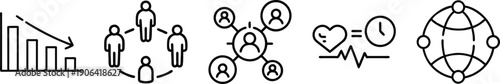 Business analytics and team connection icons: Falling graph, connected people, network, and health. transparent background