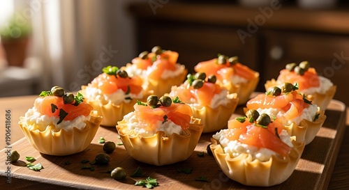 Smoked Salmon Canapés with Cream Cheese and Herbs.