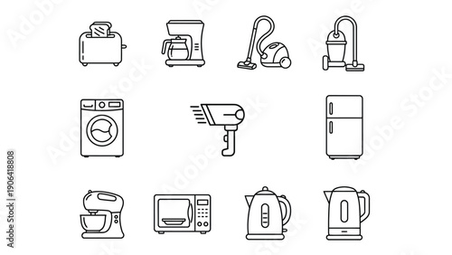 A collection of common household appliances is displayed in a grid of line art icons, including a toaster, coffee maker, vacuum cleaners, washing machine, hair dryer, refrigerator, mixer, microwave,