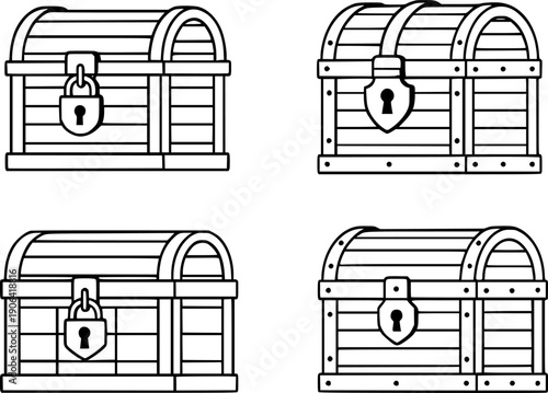 Vector illustration of 4 treasure chests in outline design