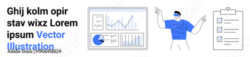 Interactive business dashboard with charts and graphs, person gesturing for a presentation, and a checklist form. Ideal for data analysis, team collaboration, workflow management, productivity tools