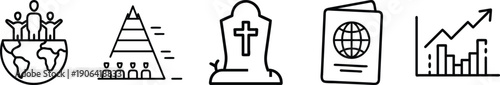Global team, organizational structure, and financial growth icons: Team on Earth, pyramid, tombstone, and passport. transparent background