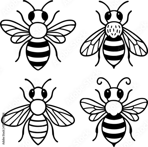 Vector illustration of 4 bees in outline design