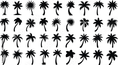 Collection of various black palm tree silhouettes on white background.