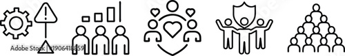 Teamwork, security, and community icons: Warning sign with gears, team success charts, community love, and protected group. transparent background