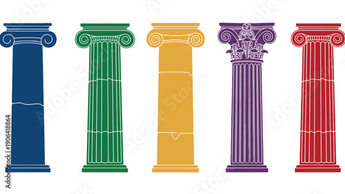 A colorful illustration of five ancient Greek columns on a white background