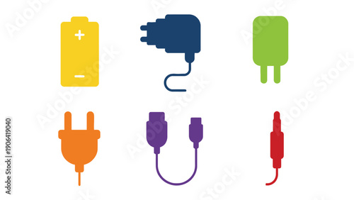 A collection of colorful electric plugs and connectors on a white background