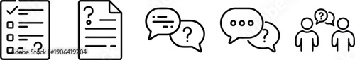 Questioning and feedback icons: Checklist, question document, chat bubbles, and discussion. transparent background