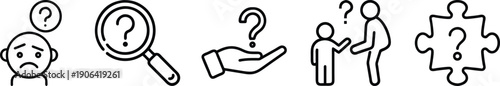 Problem-solving and doubt icons: Sad face with question, magnifying glass, unsure people, and puzzle piece. transparent background