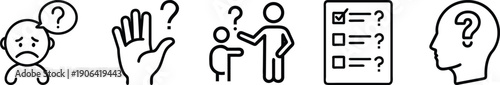 Seeking answers and clarity icons: Sad person, question hand, discussion, checklist, and confused head. transparent background