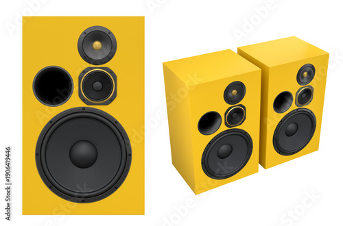 Set of stylish wooden speakers isolated on white background, concept of home audio and music equipment