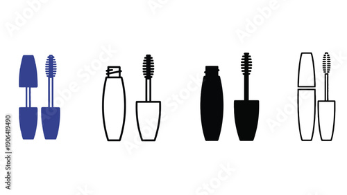 A set of four graphic representations of mascara tubes and wands, including colorful, outline, silhouette, and simplified versions of the cosmetic product.