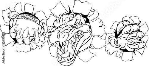 A crocodile, dinosaur or alligator lizard sports mascot holding an American football ball