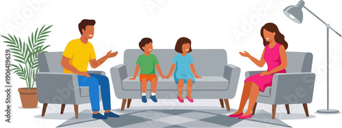 Illustration of a happy family spending quality time at home, reading and unwinding on a cozy couch.
