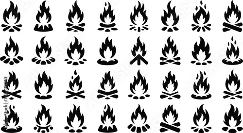 Collection of black campfire icons on white background.