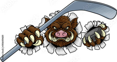 A wild boar, hog razorback warthog pig hockey sports cartoon mascot