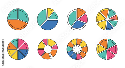 Colorful circular pie charts with varying segmentations arranged in a grid layout on transparent background silhouette high quality professional detailed modern