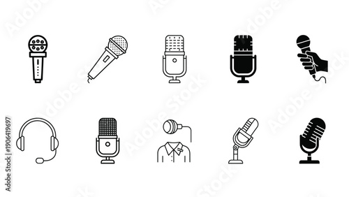 A collection of various microphone icons for audio recording and broadcasting