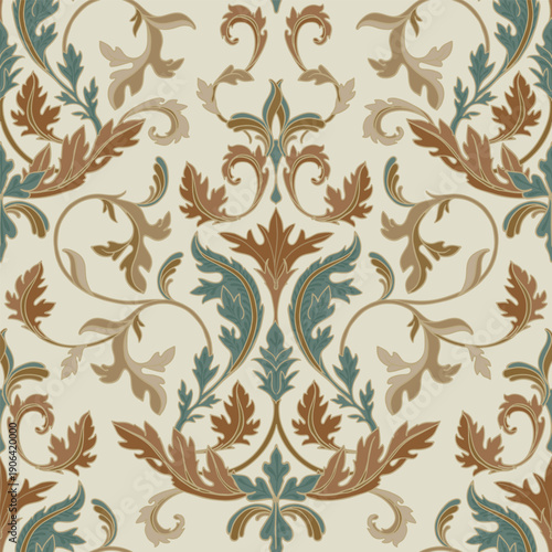 Twisted acanthus leaves. Design in brown, beige, and turquoise tones.