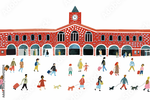 A vibrant illustration depicts a busy train station with people and luggage