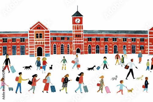 A bustling town square features a red building with a clock tower and many people