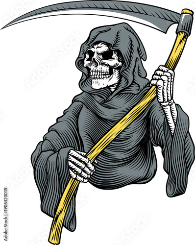 The grim reaper or death holding a scythe in a vintage retro woodcut style