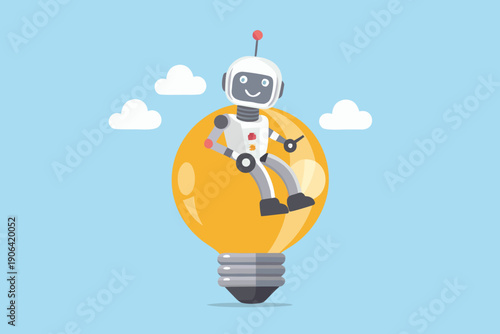 A friendly robot sits atop a glowing lightbulb amidst fluffy clouds