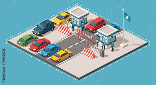 Isometric illustration of a border checkpoint with multiple cars waiting security personnel and barriers on transparent background silhouette high quality professional