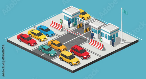Isometric illustration of a border checkpoint with vehicles security and barriers on transparent background silhouette high quality professional detailed modern elegant