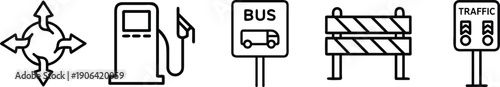 Traffic and road icons: arrow crossroads, gas station, bus stop sign, road barrier, and traffic lights. transparent background