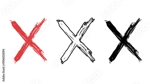 A set of three abstract X marks in different brush strokes and colors